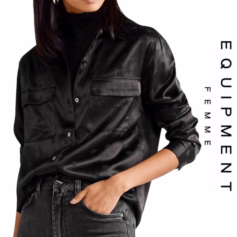 Equipment & Tabitha Simmons Black Silk Long Sleeve Signature Star Blouse XS NWT